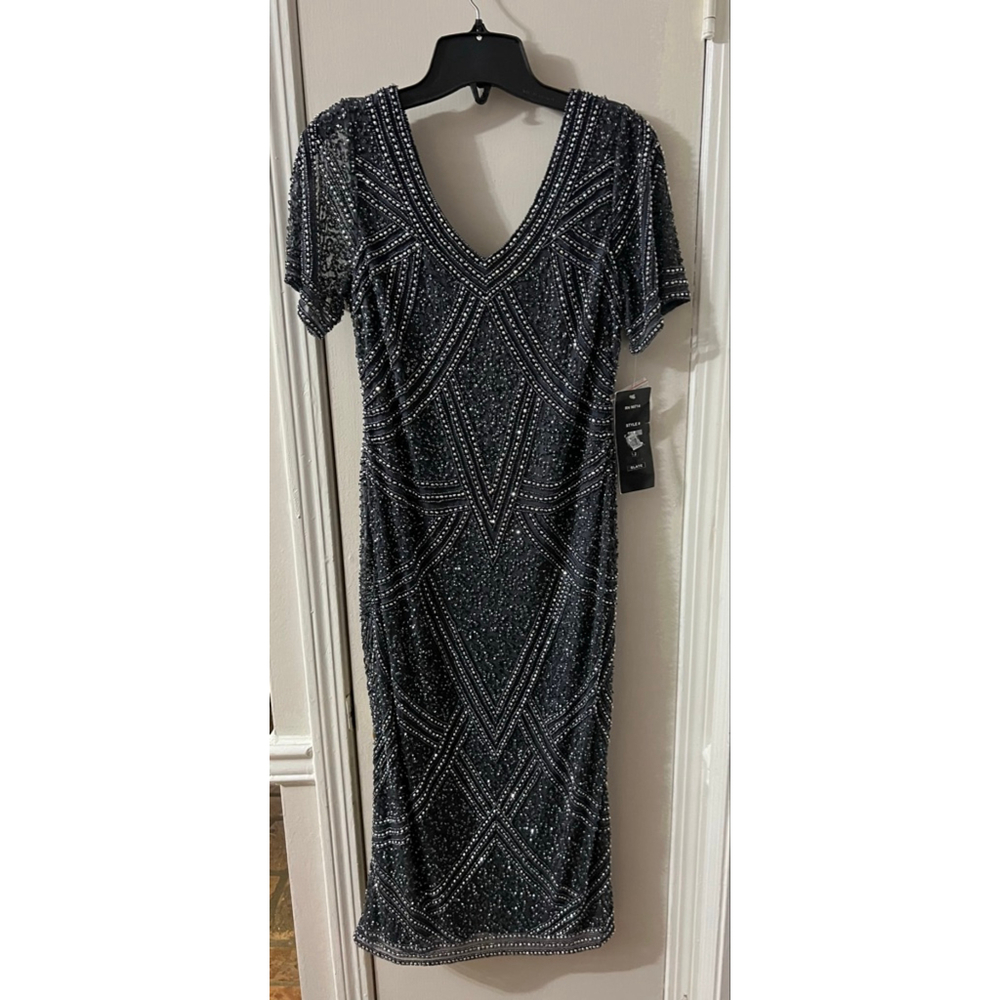 NWT Pisarro Nights Beaded Mesh V-Neck Short Sleeve Sheath Midi Dress SZ 2 - Picture 4 of 8